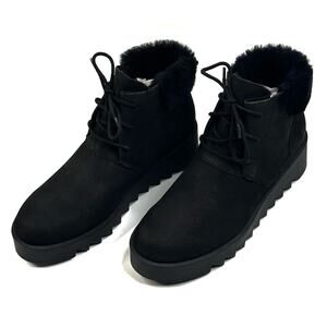 Eileen Fisher Kenille Black Nubuck Bootie Shearling Trim Wedge Womens 7 New $255